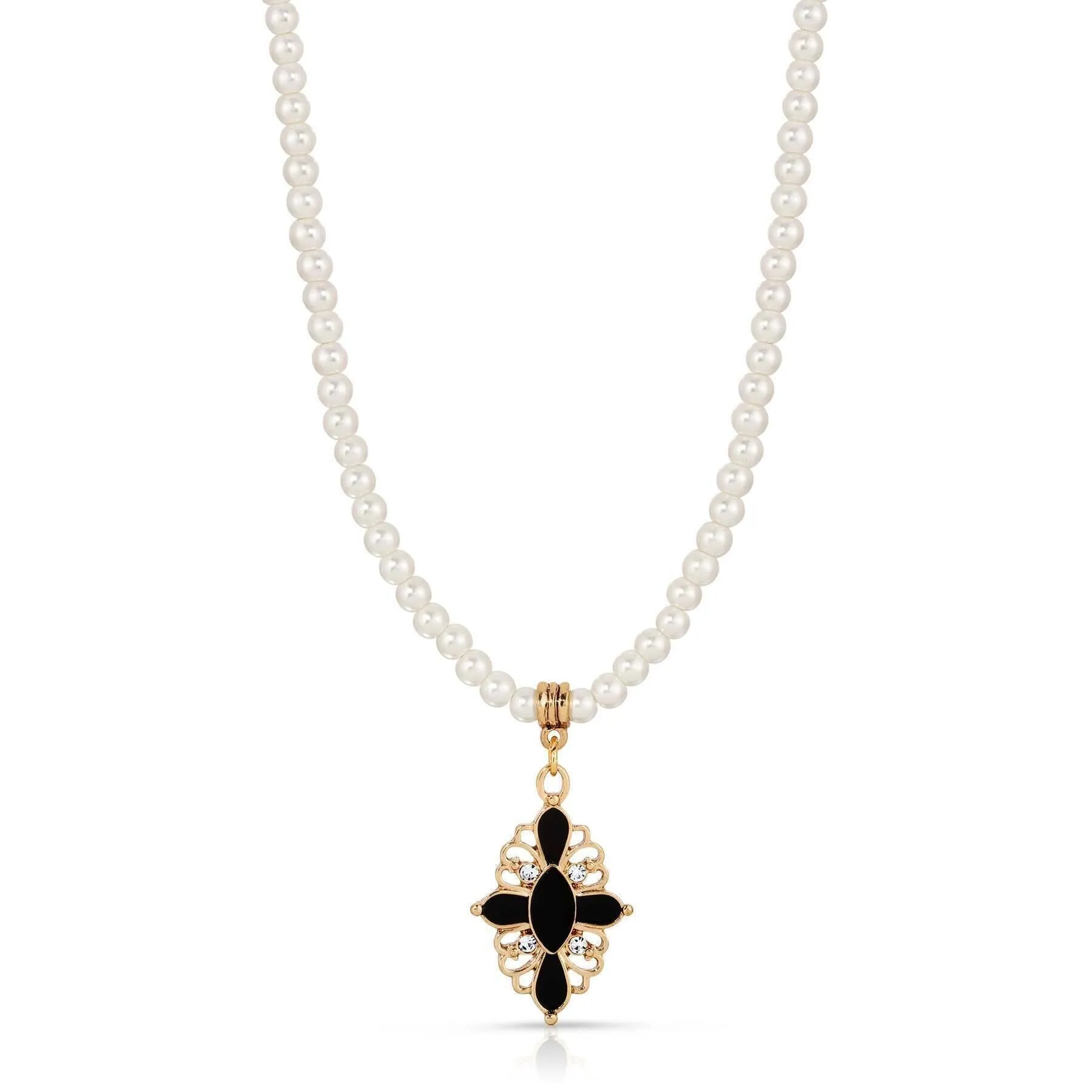 1928 Jewelry Enamel and Stone Black Cross 4mm Faux Pearl Strand Pendant Necklace 15+ 3 Extender