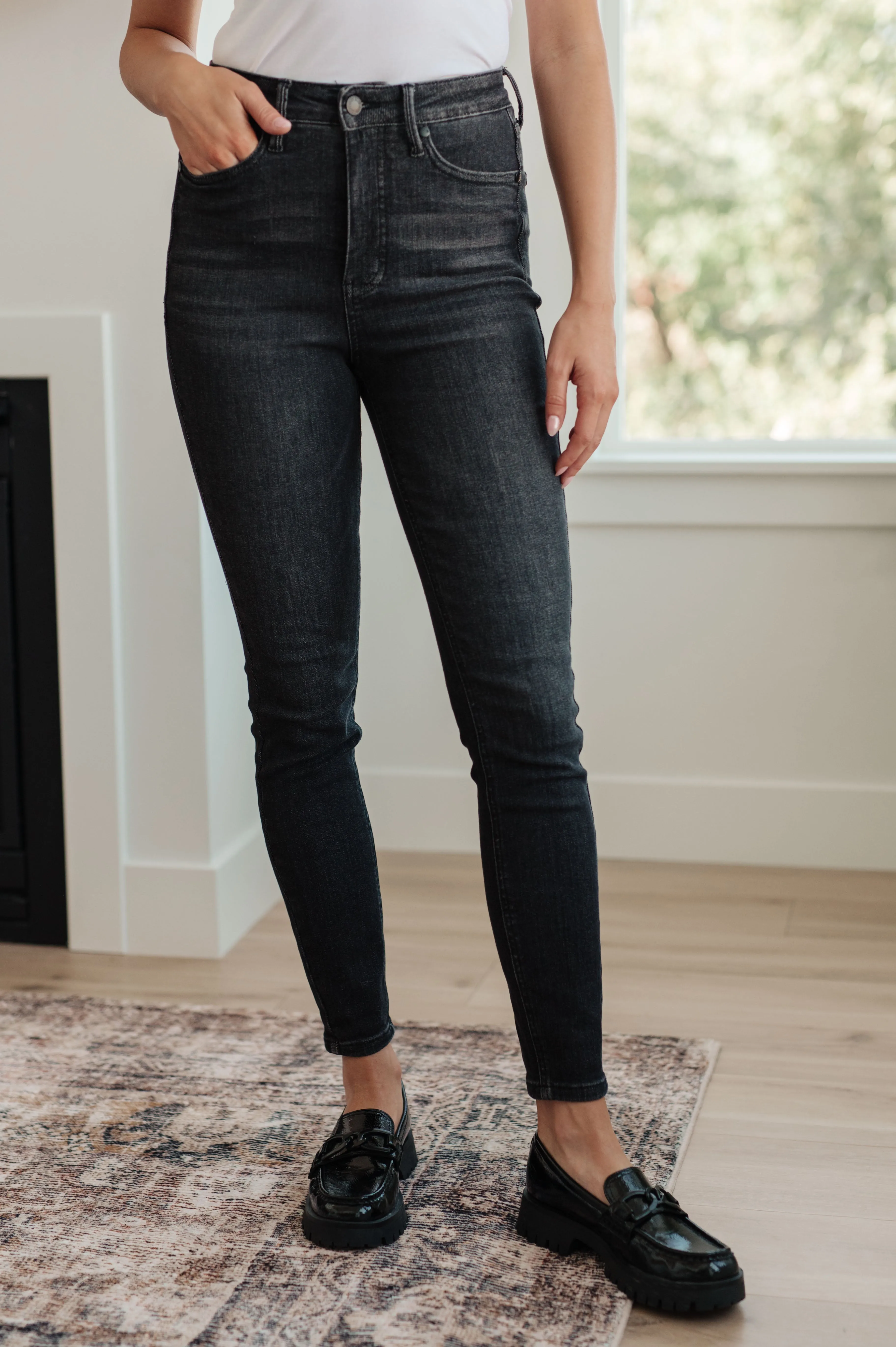 High Rise Washed Black Skinny Jeans