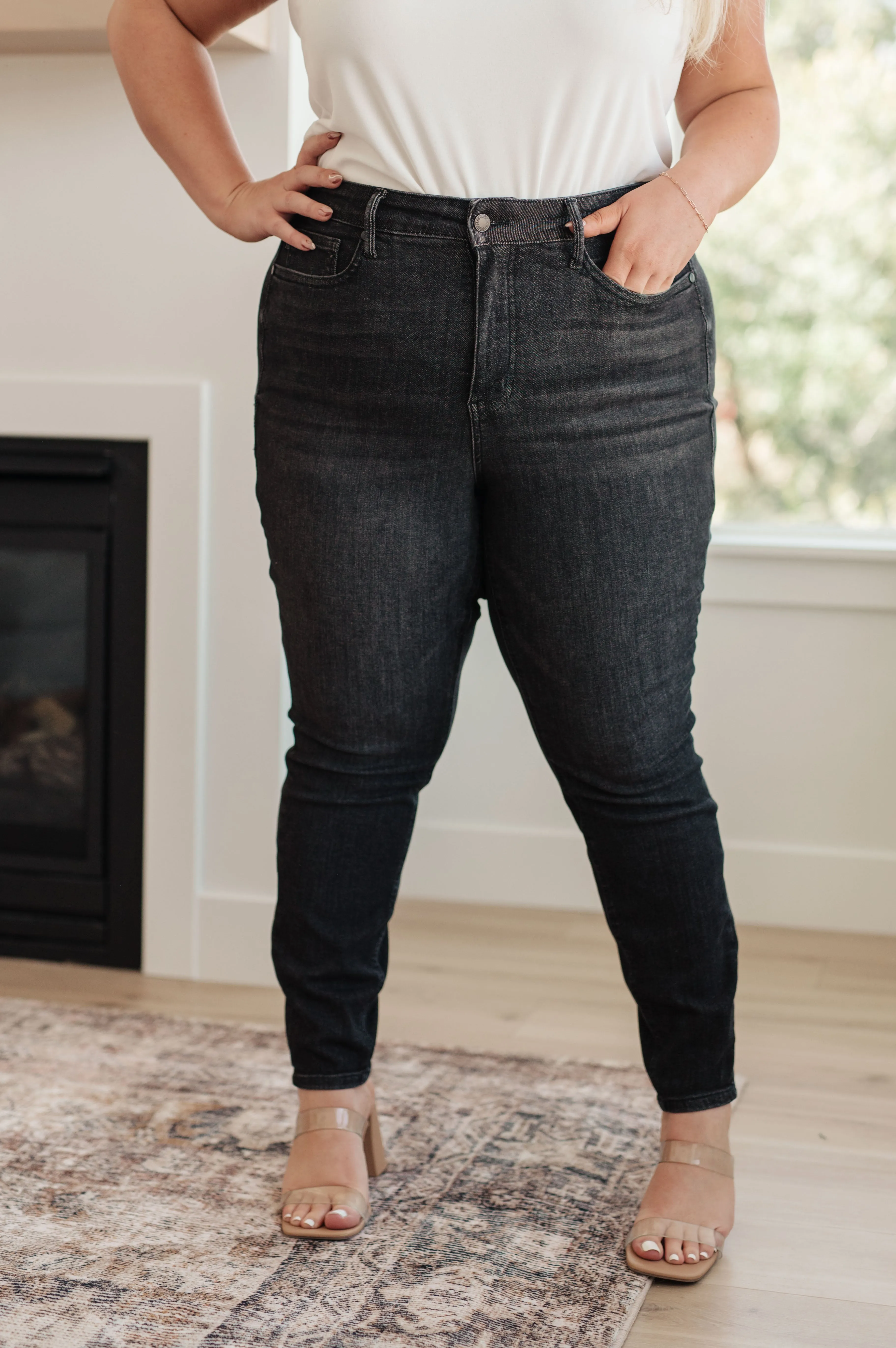 High Rise Washed Black Skinny Jeans