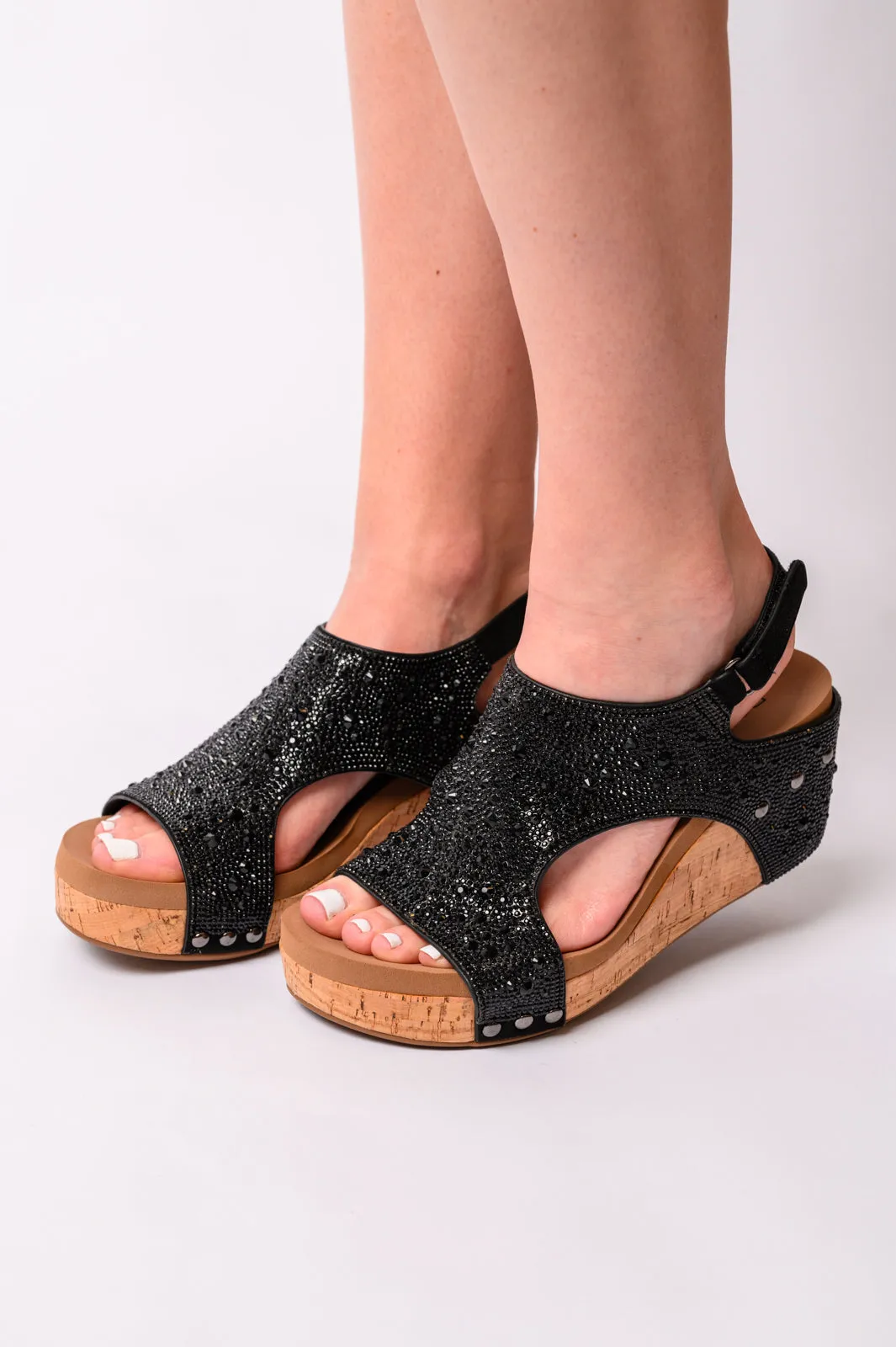 Stylish Black Rhinestone Wedge Sandals