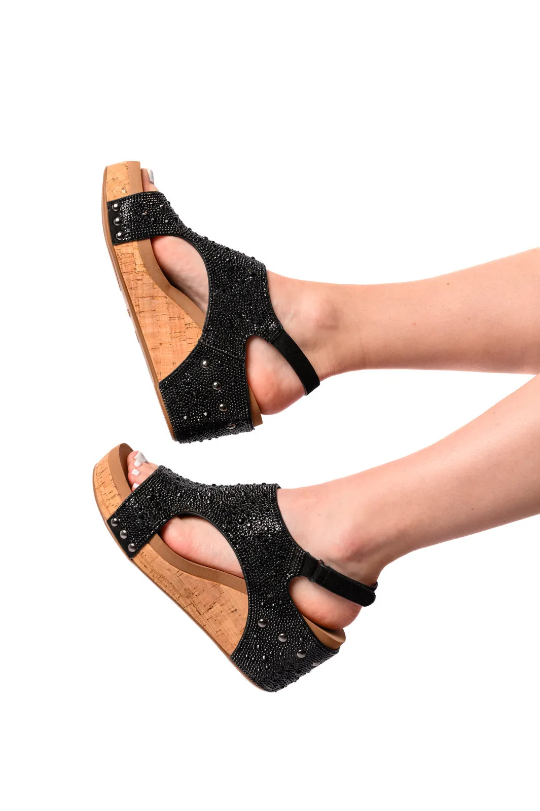 Stylish Black Rhinestone Wedge Sandals