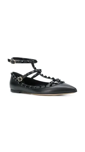 Black Leather Ballet Flat with Studs for Women