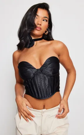 Black Crop Corset Tops with Curved Bust Boning