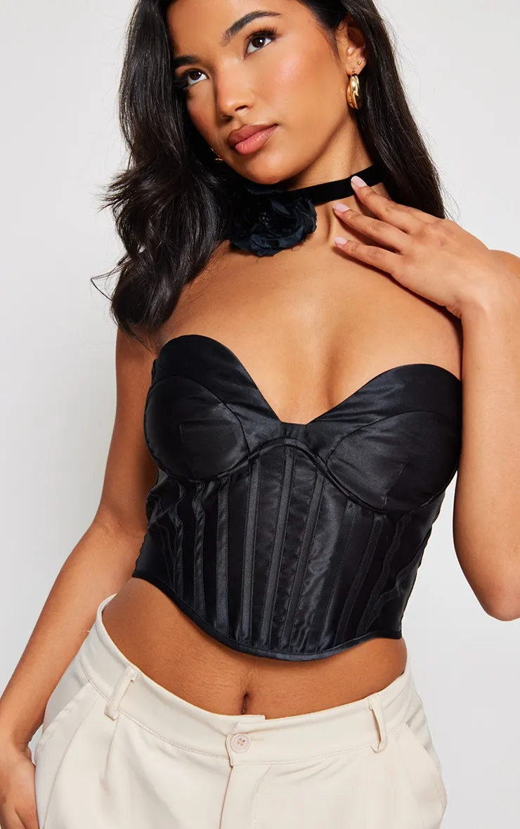 Black Crop Corset Tops with Curved Bust Boning