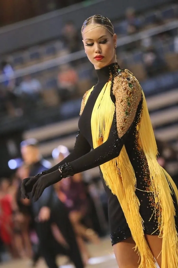 Black Latin Dress with Yellow Fringe from Melnikoffs