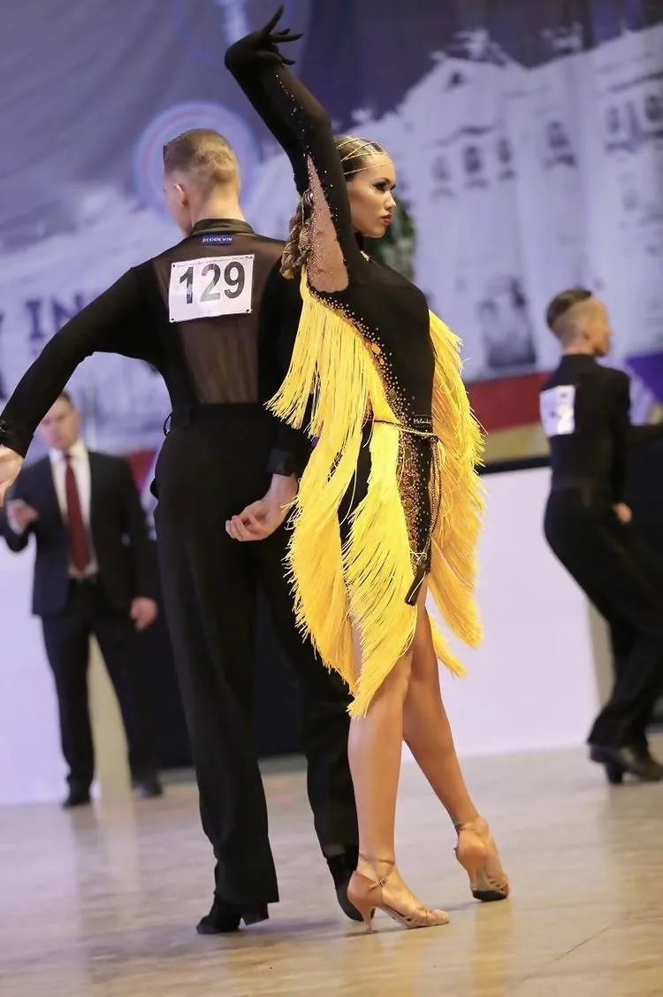 Black Latin Dress with Yellow Fringe from Melnikoffs