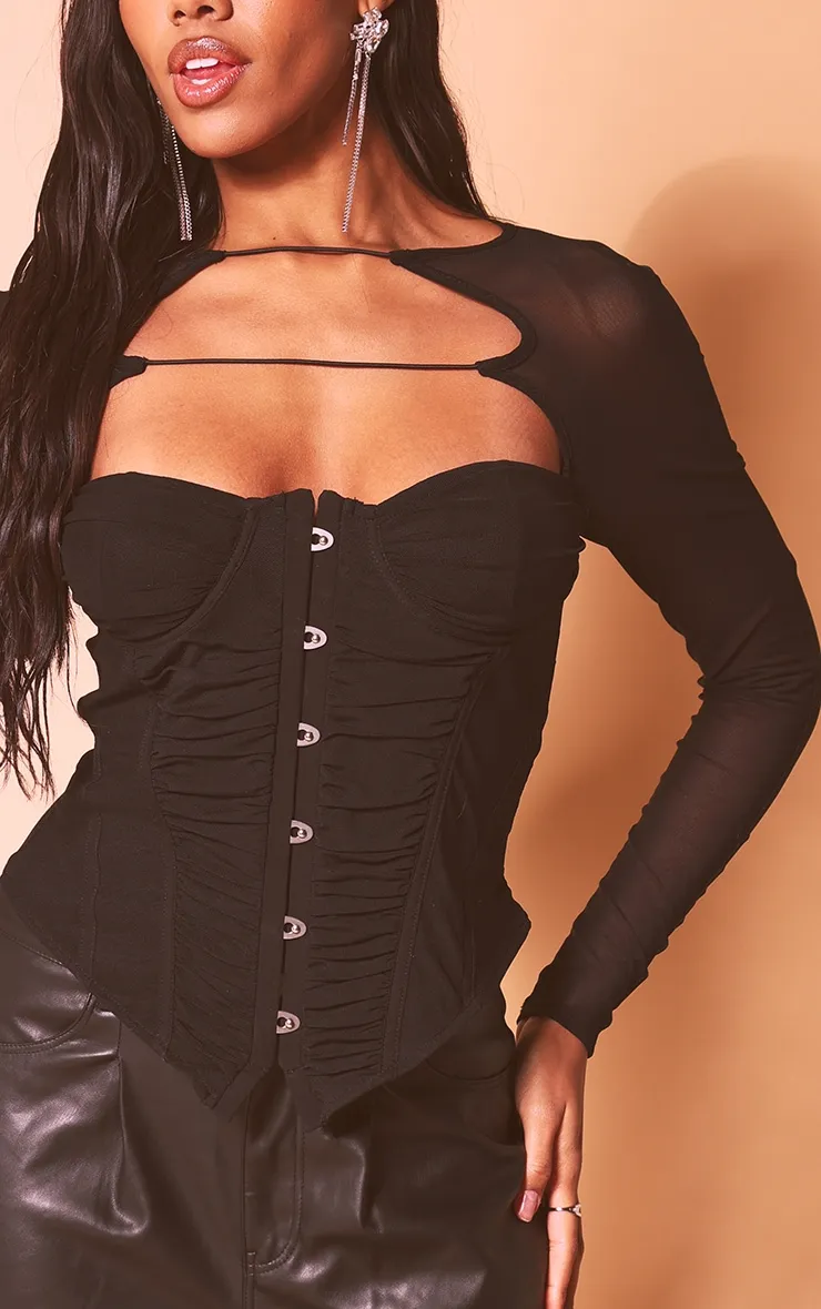 Black Hook And Eye Corset with Ruched Mesh