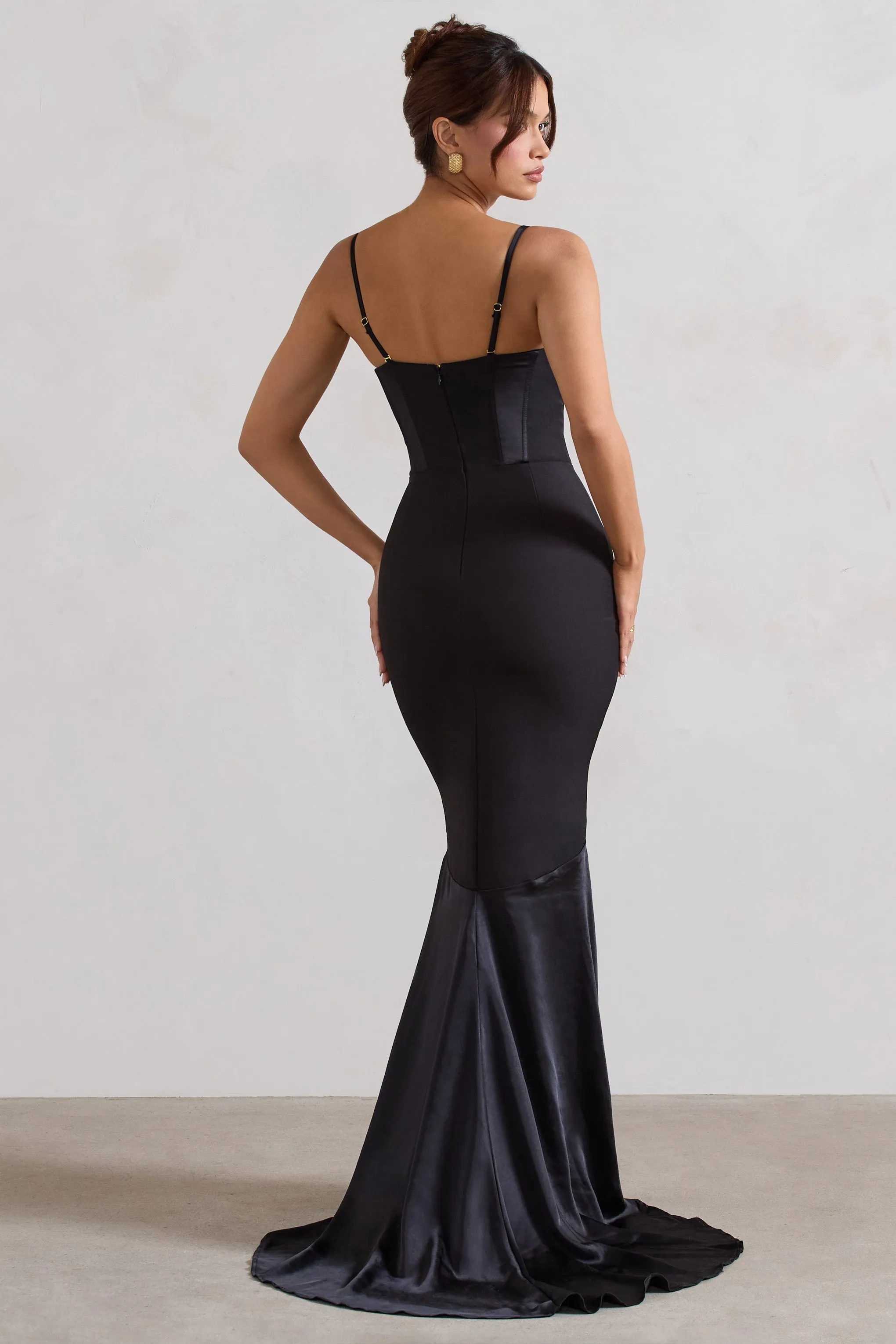 Custom Black Satin Fishtail Maxi Dress with Sweetheart Corset