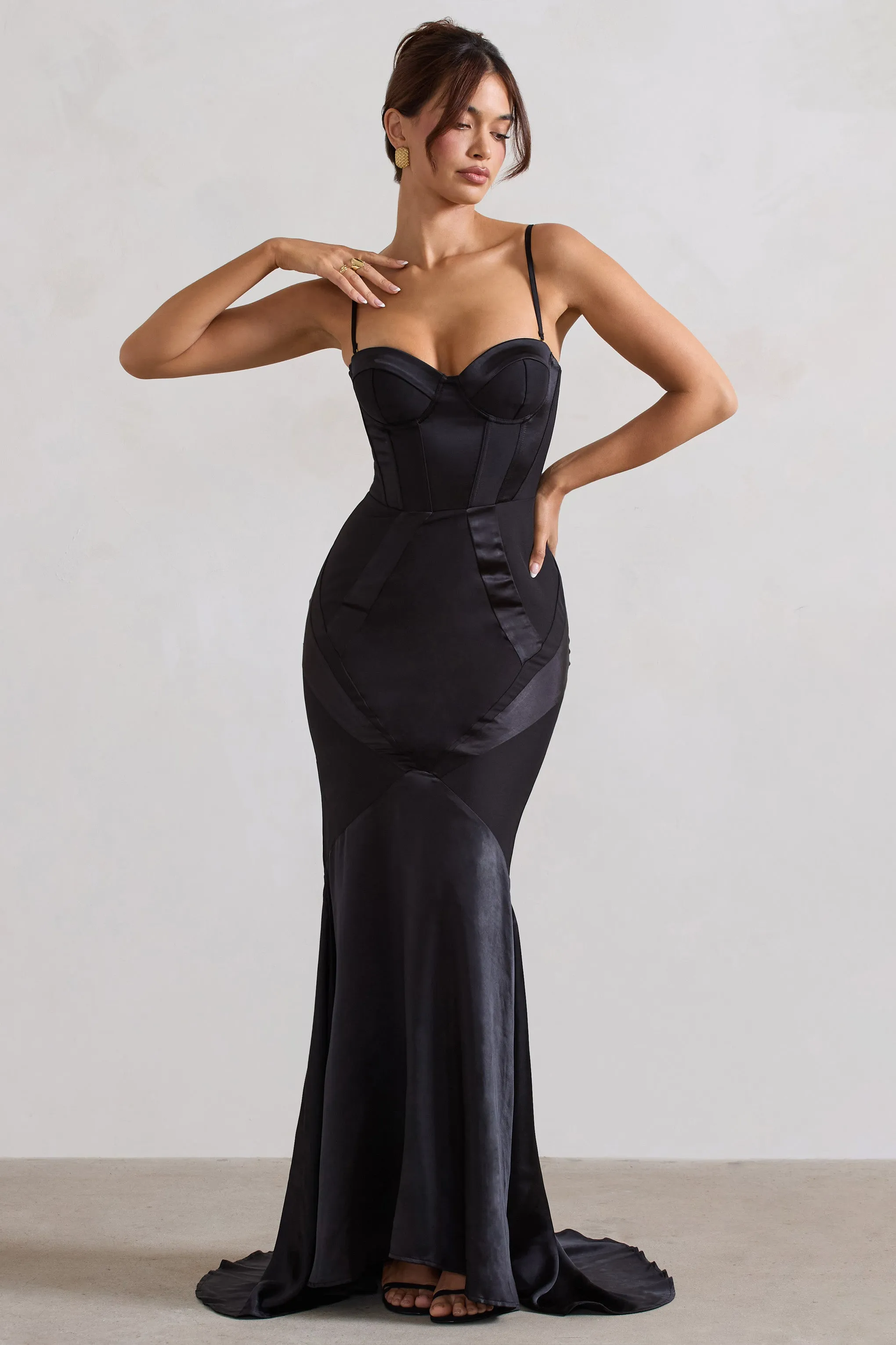 Custom Black Satin Fishtail Maxi Dress with Sweetheart Corset