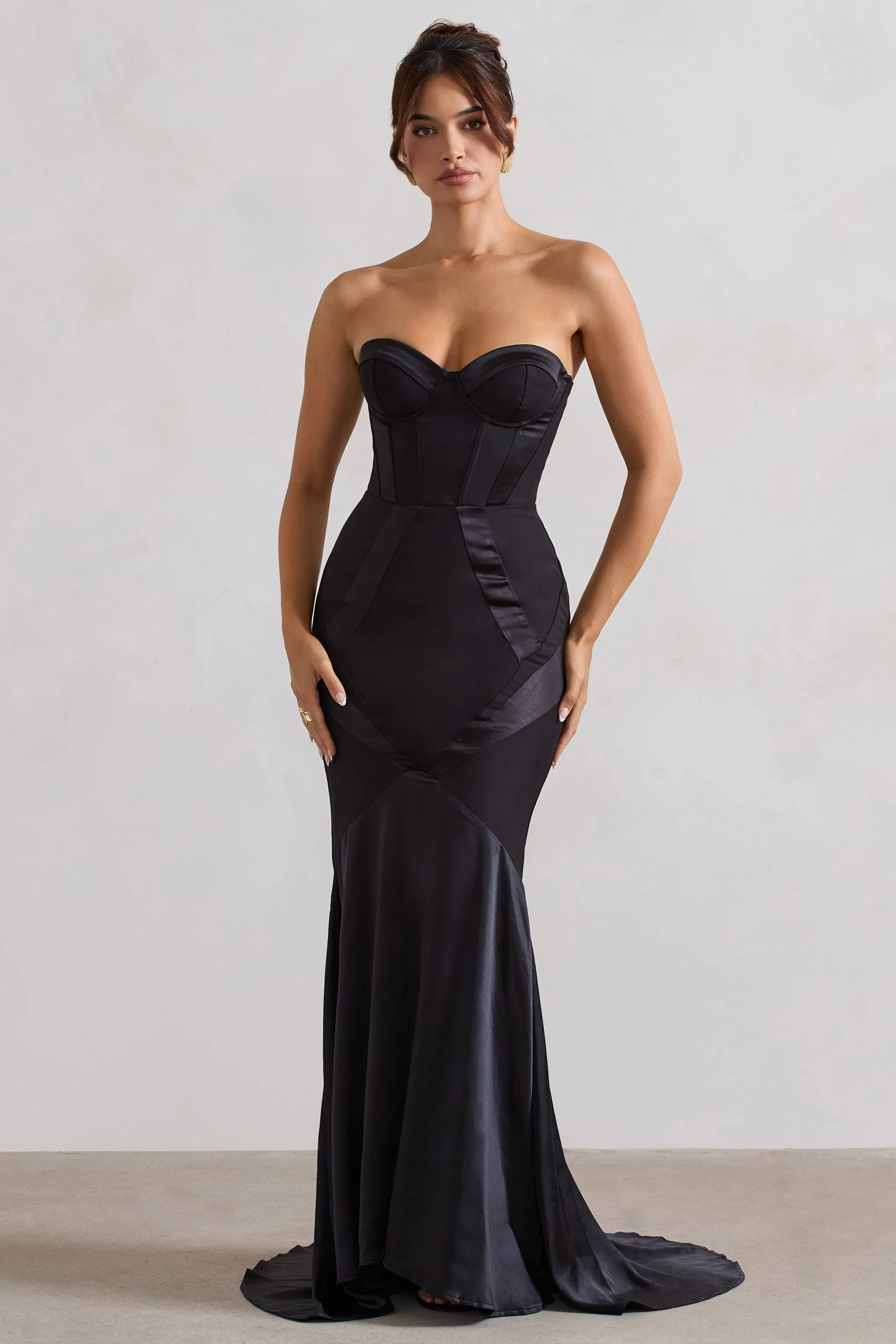 Custom Black Satin Fishtail Maxi Dress with Sweetheart Corset