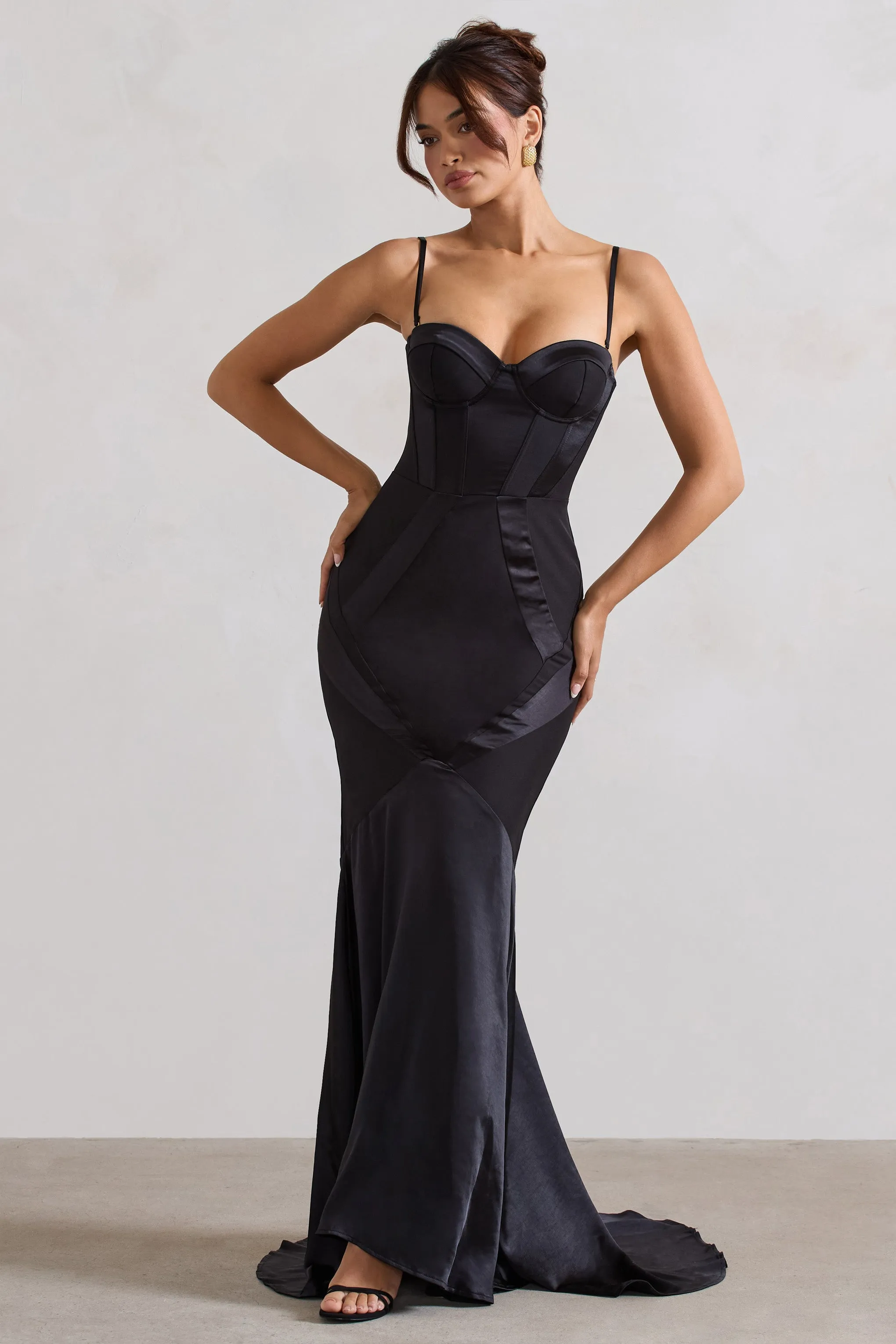 Custom Black Satin Fishtail Maxi Dress with Sweetheart Corset