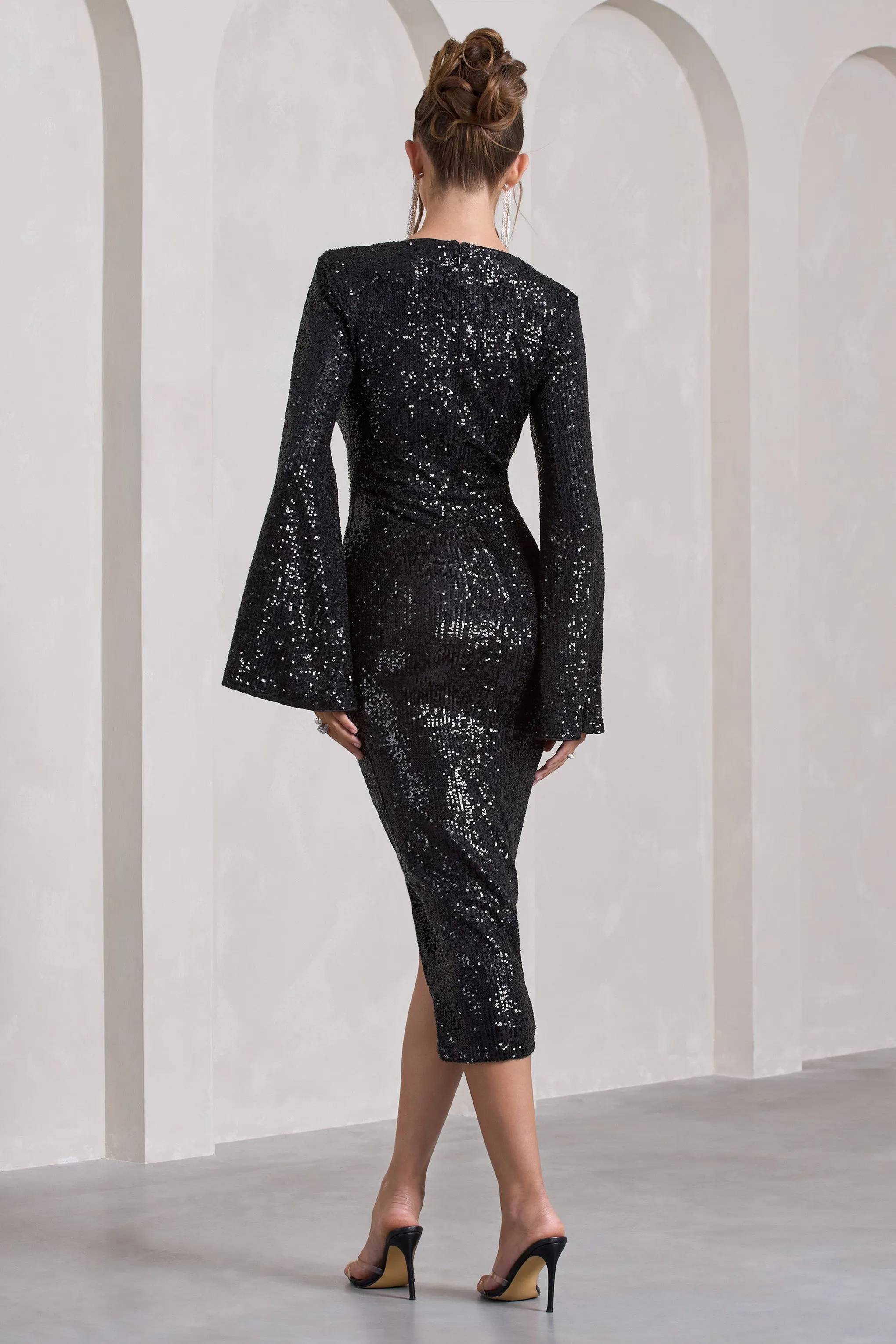 Amber Black Sequin Plunge Wrap Midi Dress