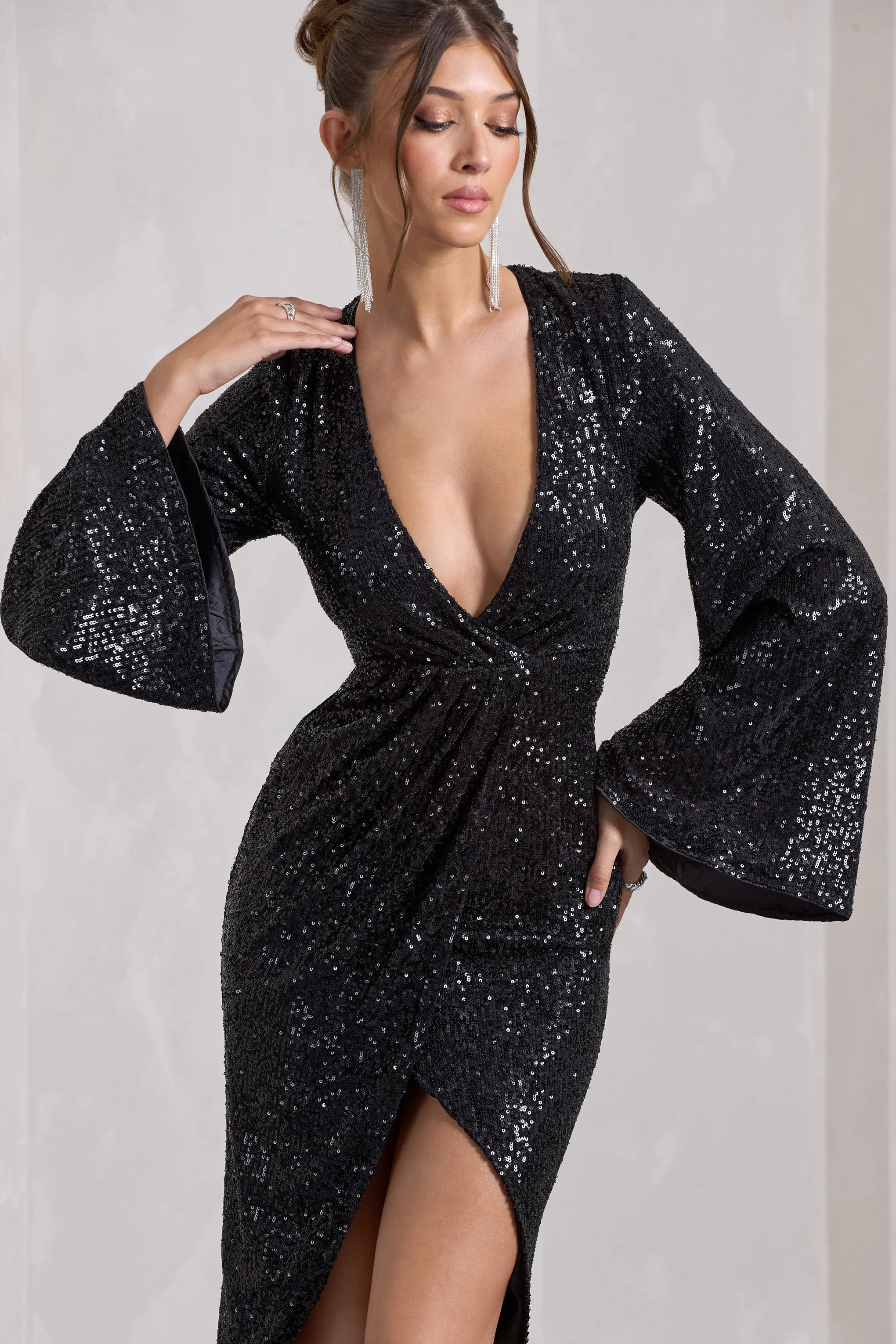 Amber Black Sequin Plunge Wrap Midi Dress