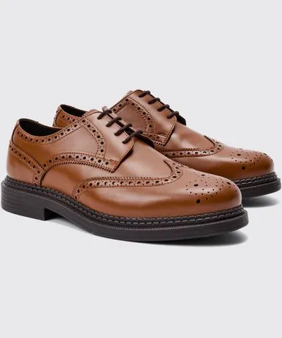 boohooMAN Men's Patent Lace Up Brogues In Tan