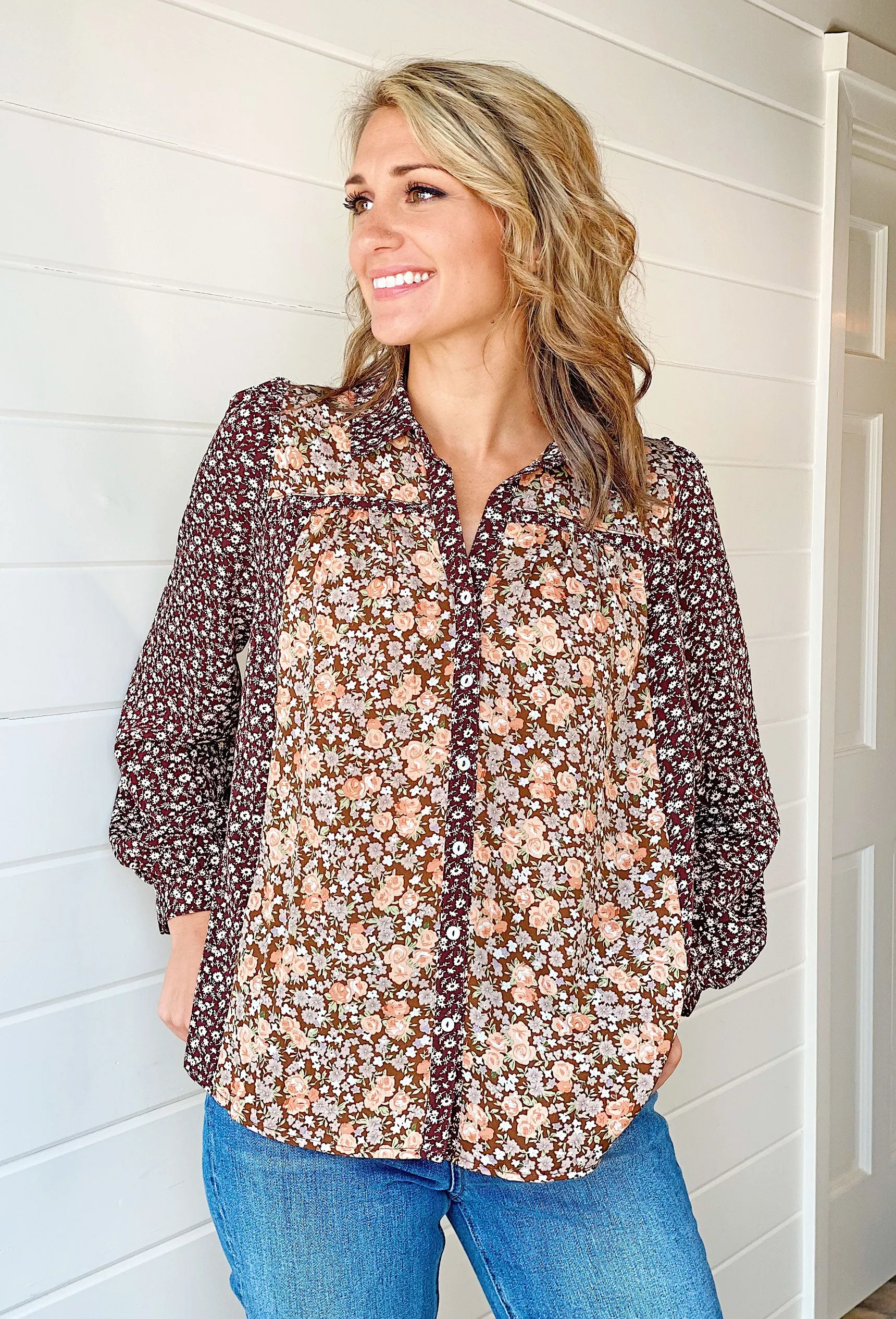 Dreamy Floral Print Button-Up Blouse