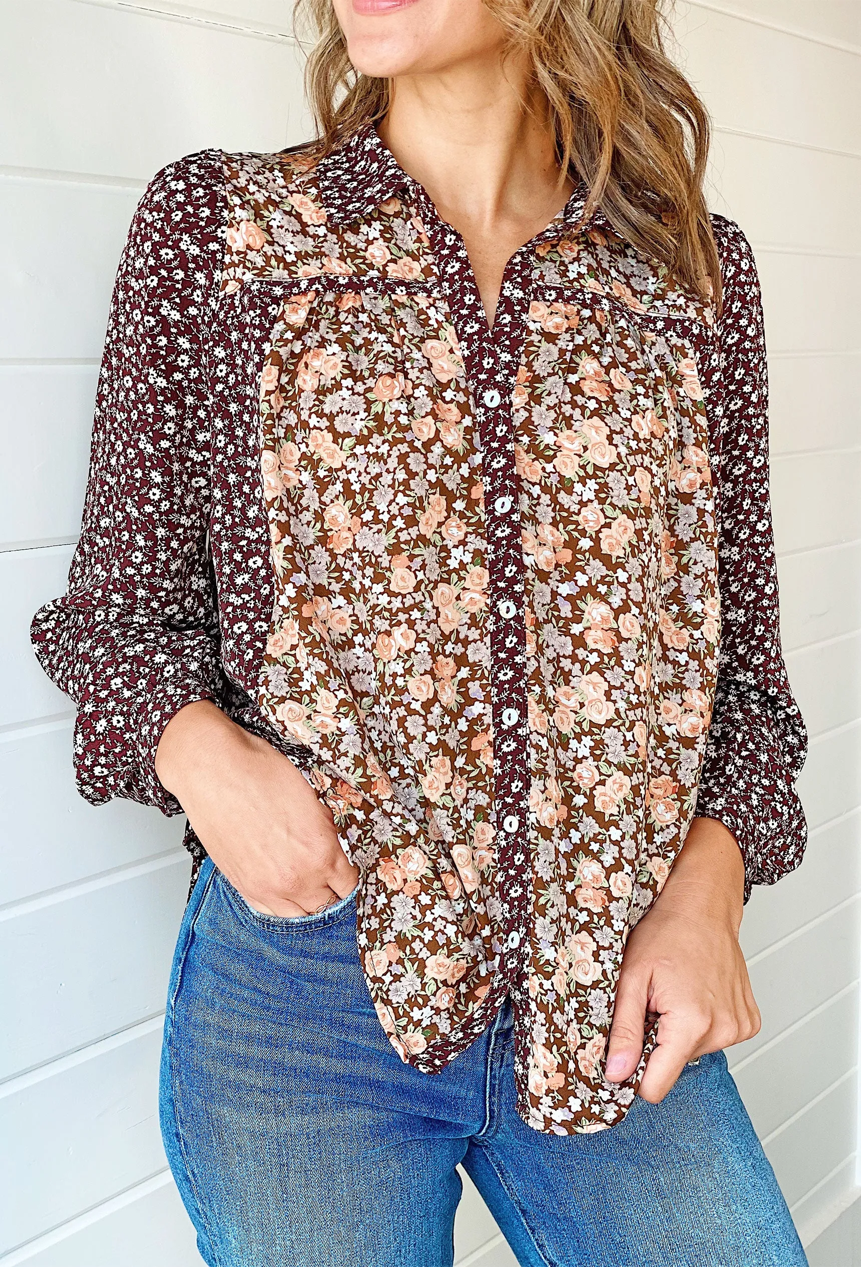 Dreamy Floral Print Button-Up Blouse