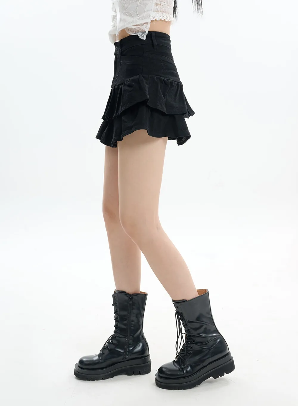 IF413 Denim Mini Skirt with Fringe Layers