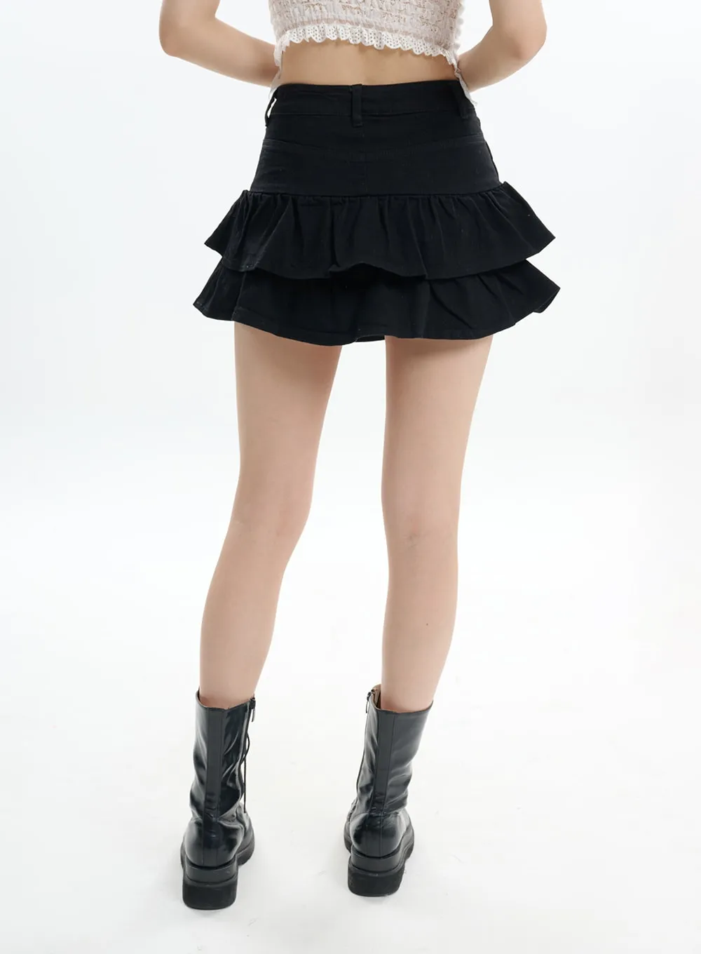 IF413 Denim Mini Skirt with Fringe Layers