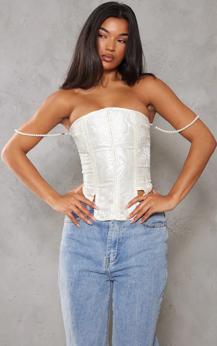 Cream Corset Tops with Textured Pearl Detail