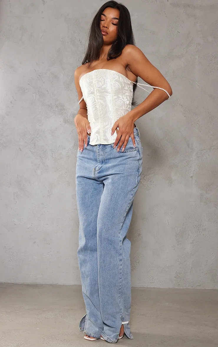 Cream Corset Tops with Textured Pearl Detail