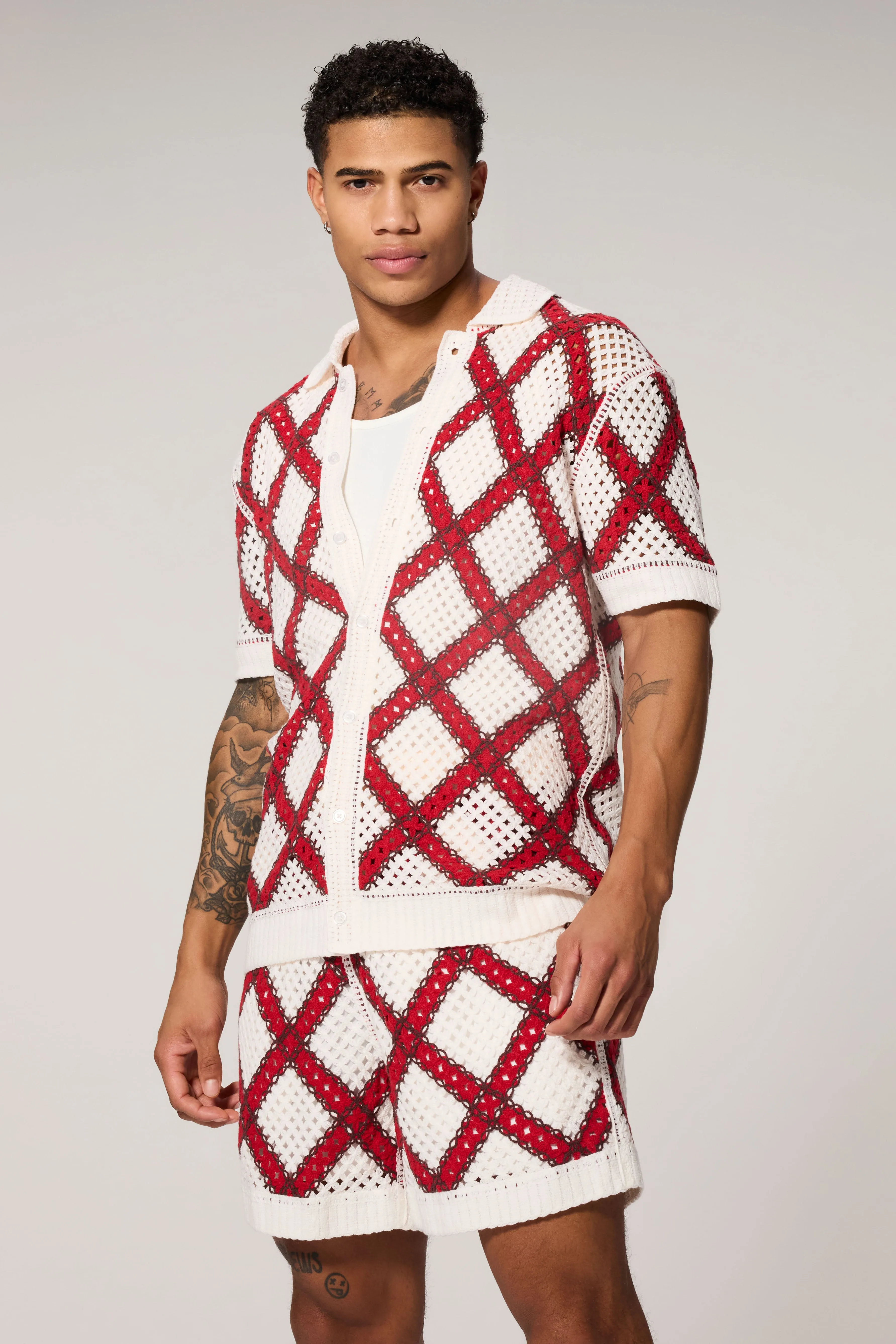 Crochet Lattice Knit Button-Up Top