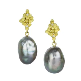 Trillium and Diamond Drop Earrings with Tahitian Pearl