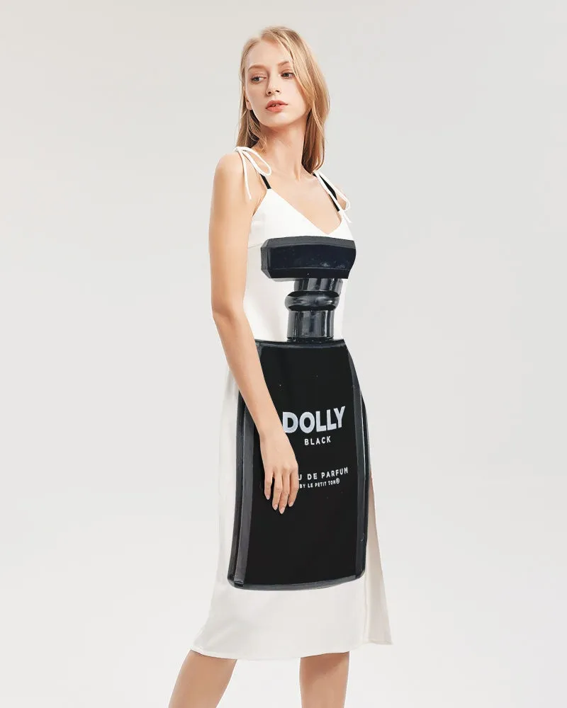 DOLLY Women's White Split Dress with Black Perfume Bottle Design