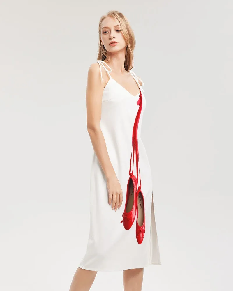 Red Tie Strap Split Dress with Ballerinas