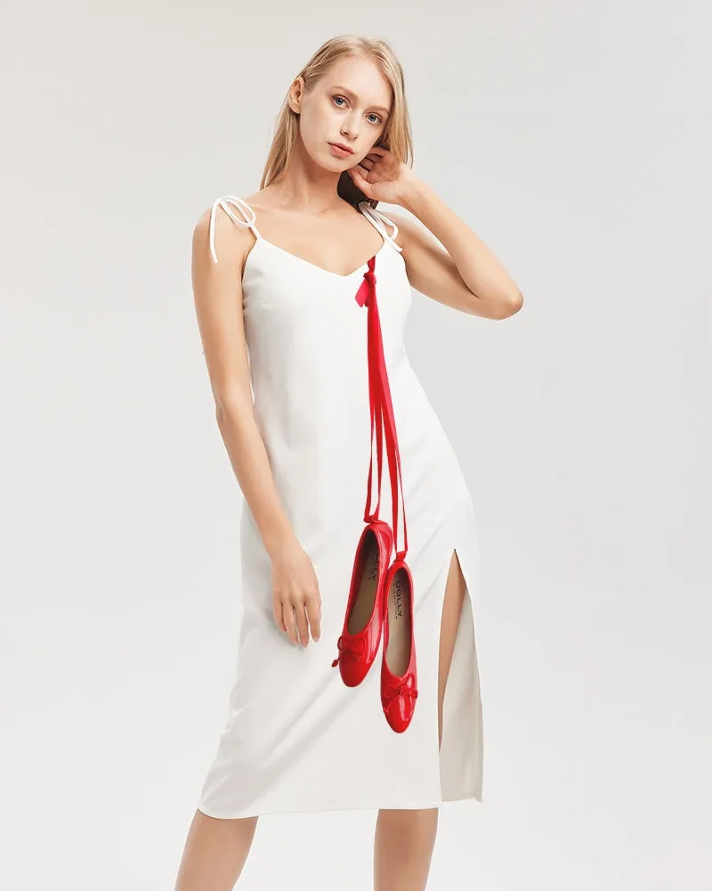 Red Tie Strap Split Dress with Ballerinas