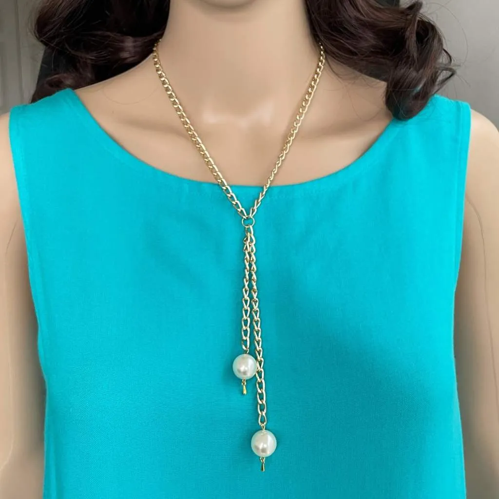 Gold Chain Pearl Lariat Necklace