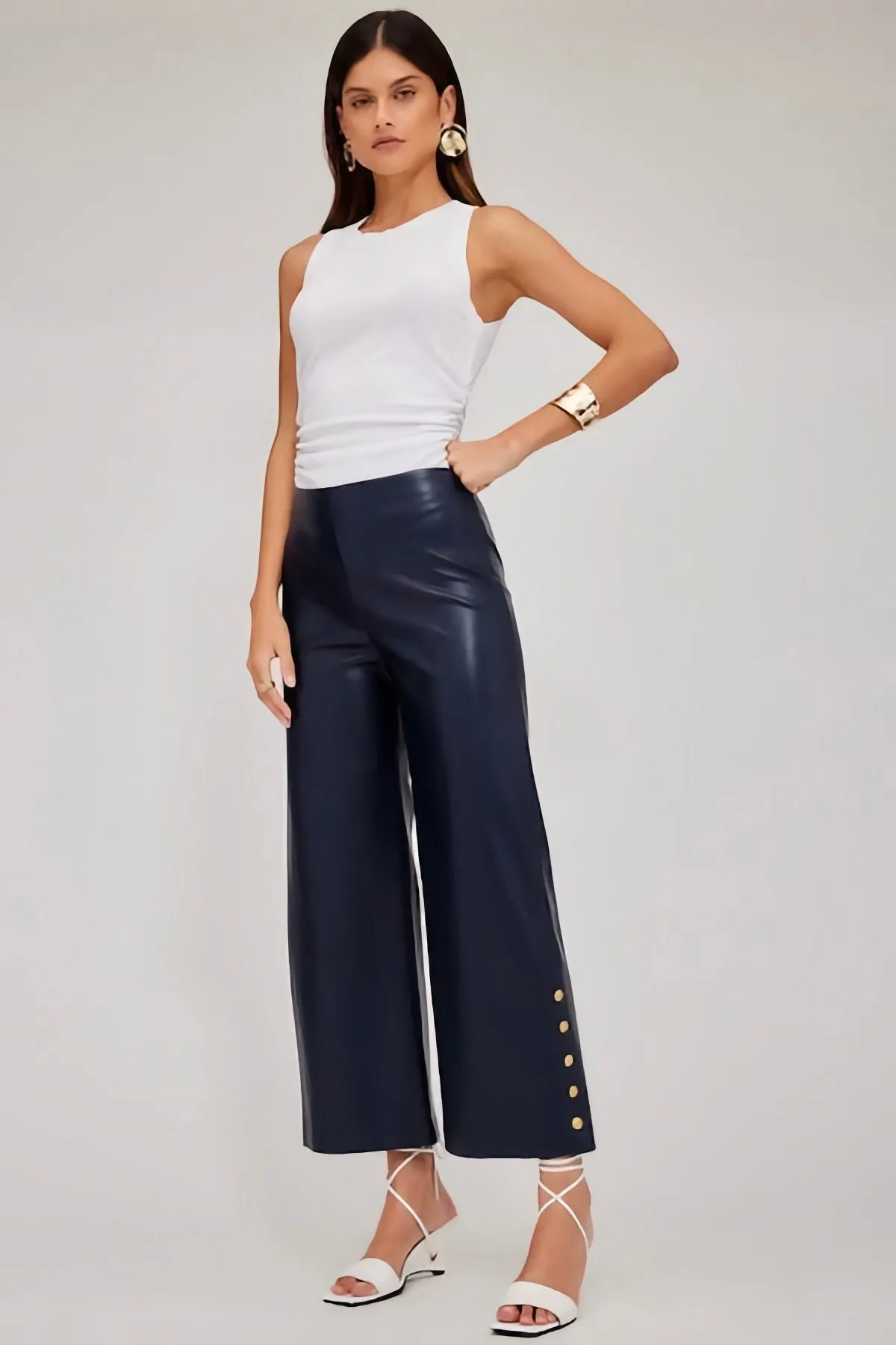 Faux Leather Button Hem Pant