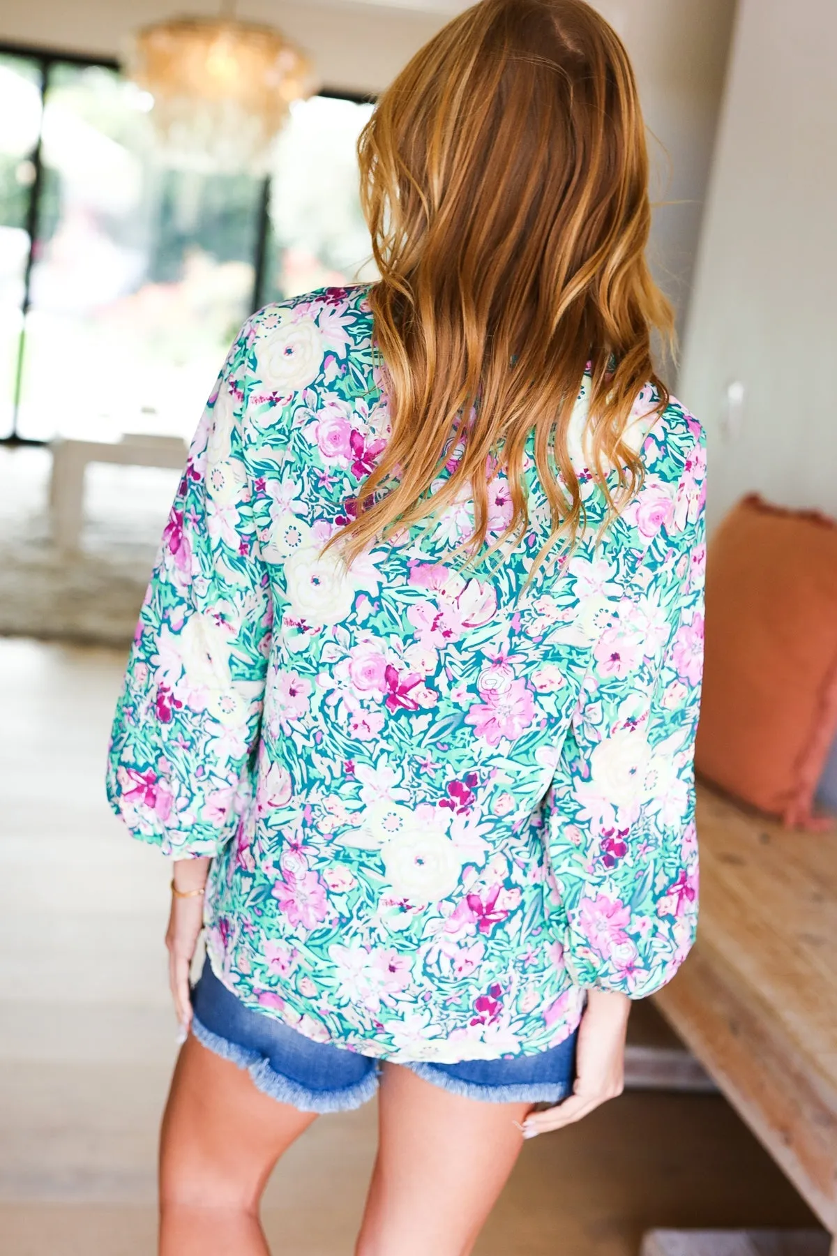 Lavender & Green Floral V-Neck Blouse by Femme'