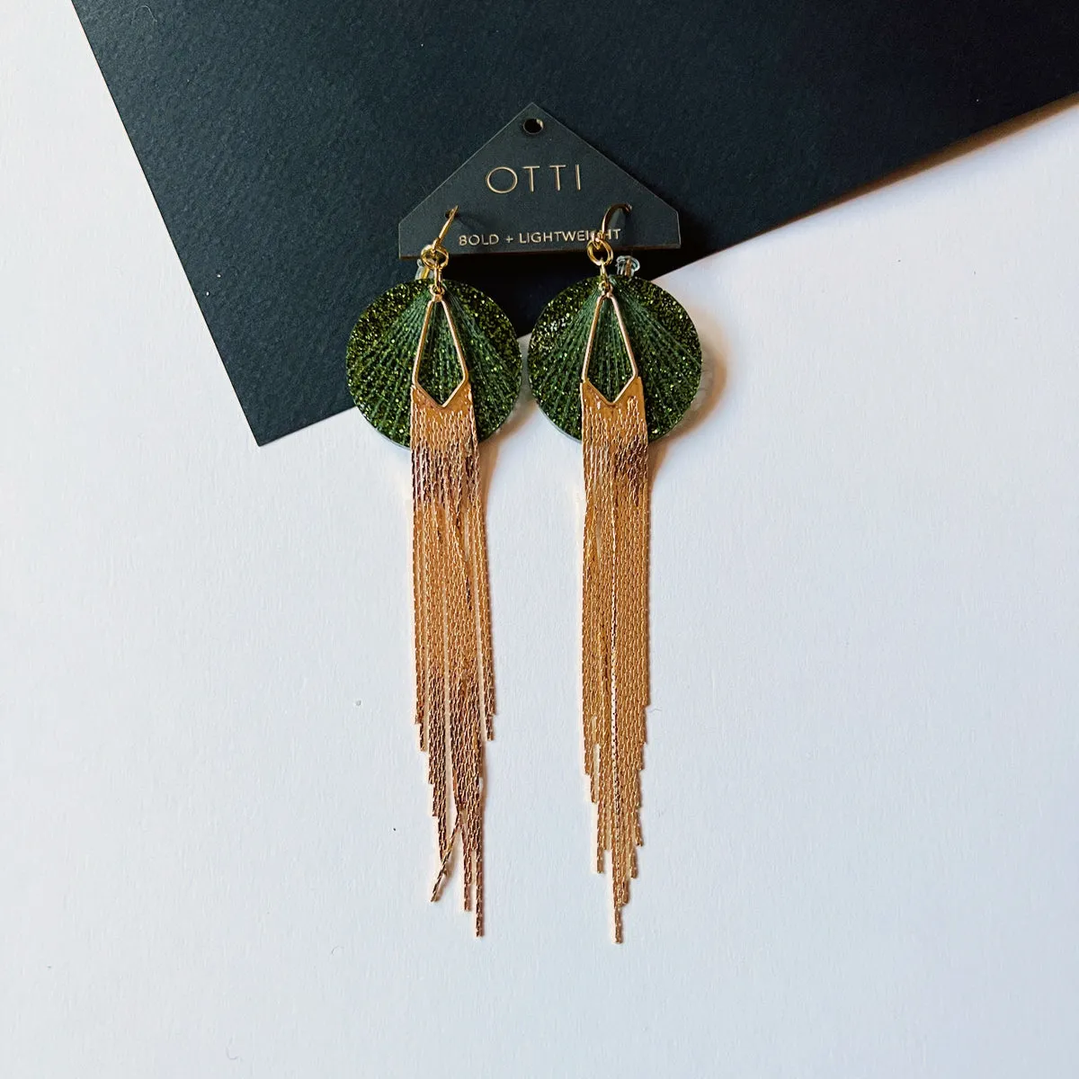 EMERALD glitter acrylic Fringe Earring with 18K Gold Glamour