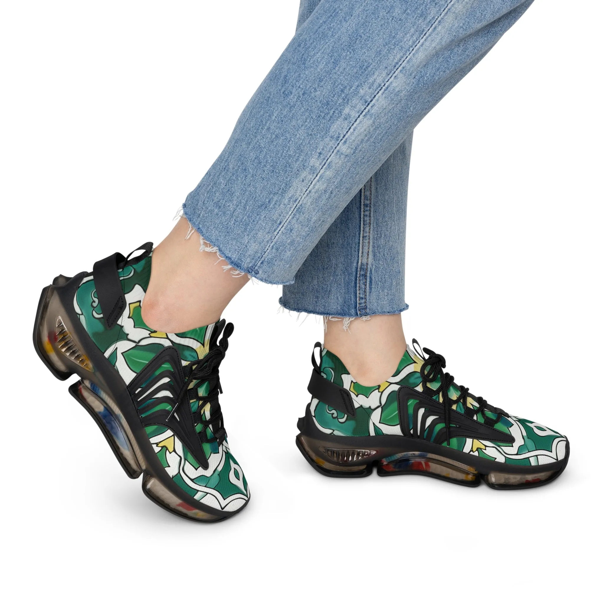 Green Floral Women's Mesh Sneakers featuring Unique Print FB-000016