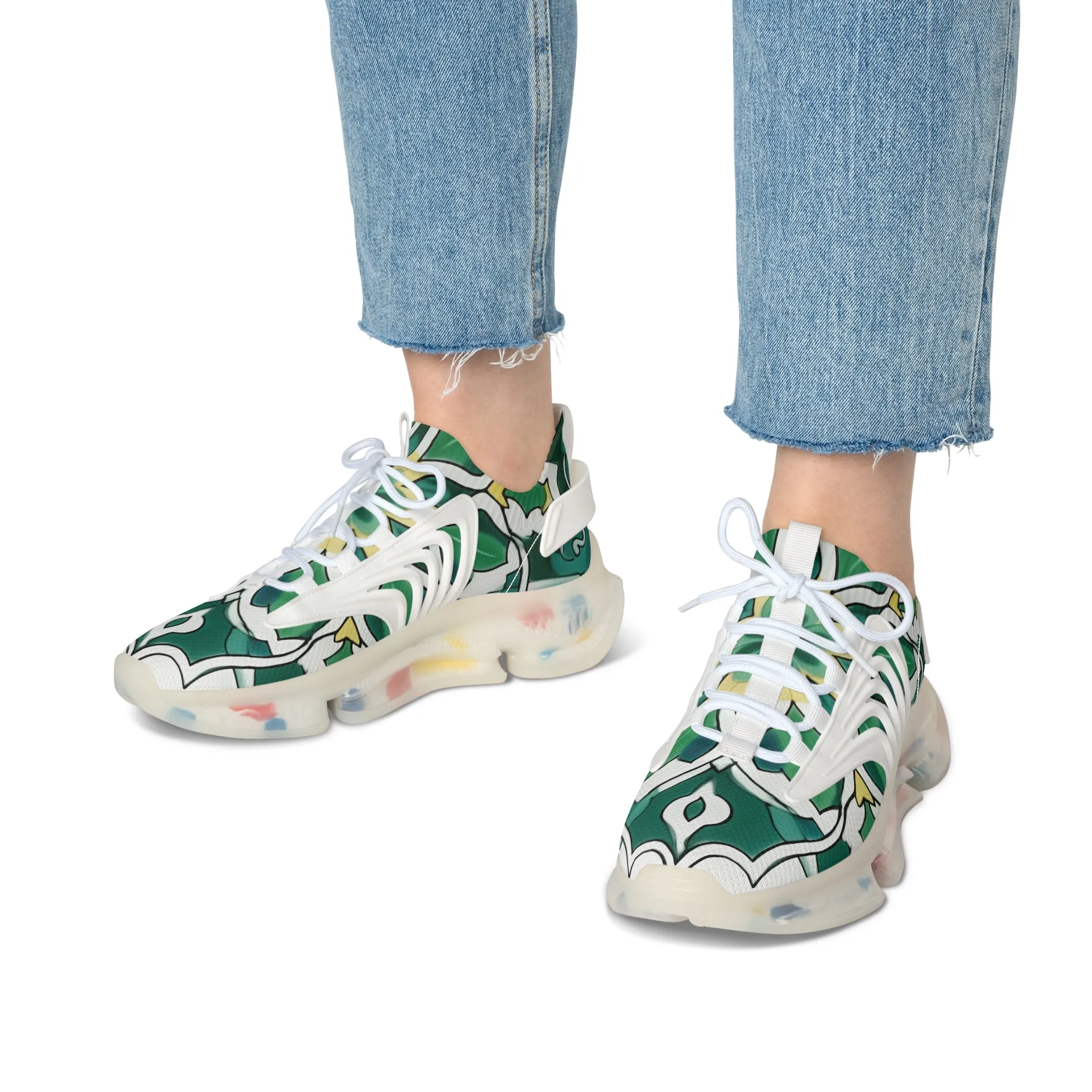 Green Floral Women's Mesh Sneakers featuring Unique Print FB-000016