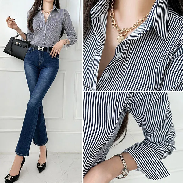 Long Sleeves Cotton Striped Casual Office Style