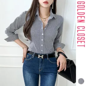 Long Sleeves Cotton Striped Casual Office Style