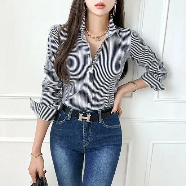 Long Sleeves Cotton Striped Casual Office Style