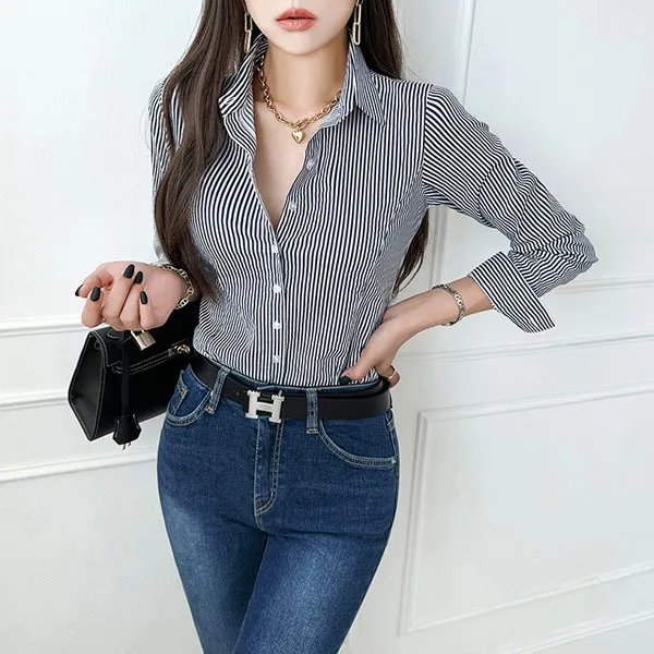 Long Sleeves Cotton Striped Casual Office Style