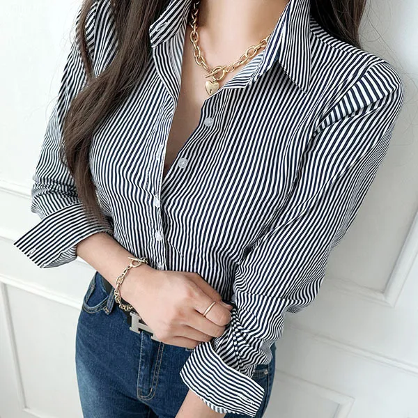 Long Sleeves Cotton Striped Casual Office Style