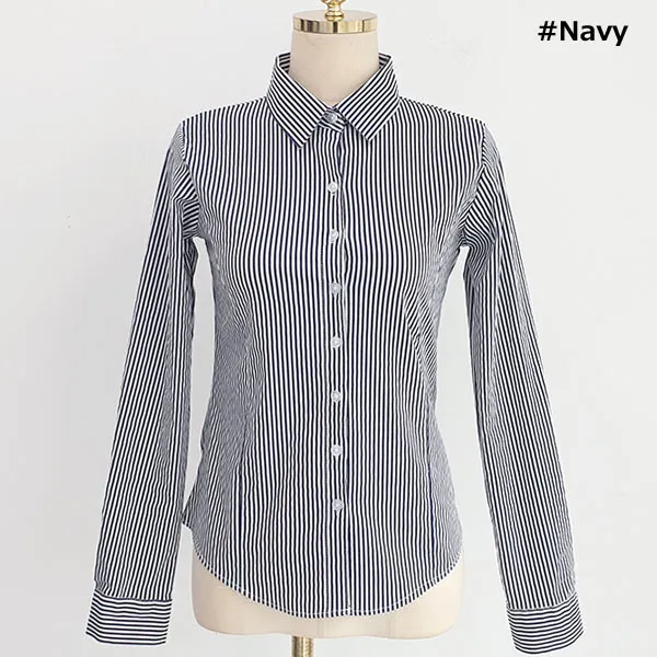 Long Sleeves Cotton Striped Casual Office Style