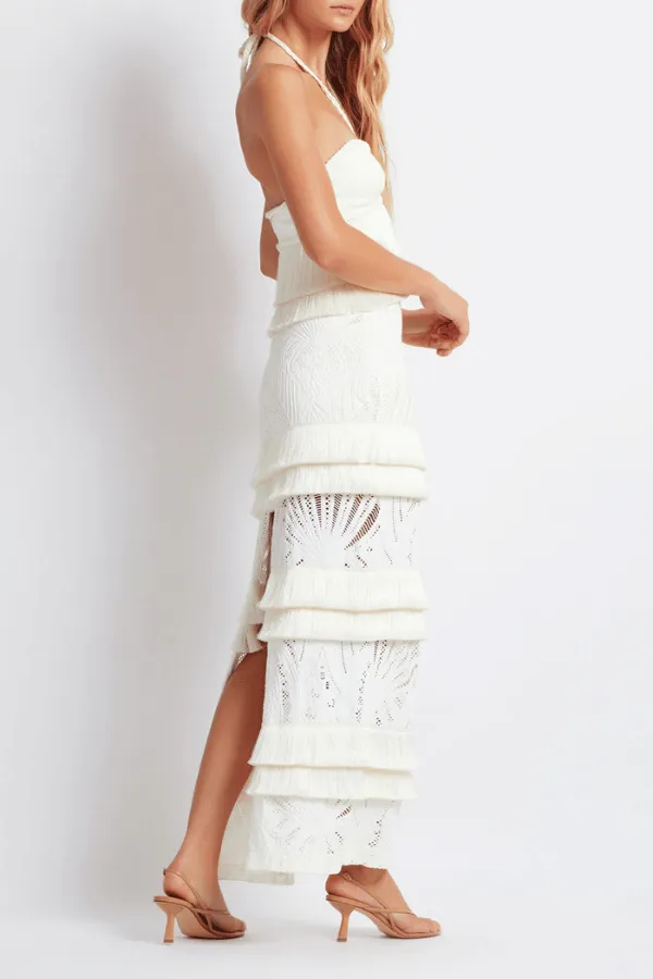 Fringe Trim Lace Maxi Skirt in Ivory