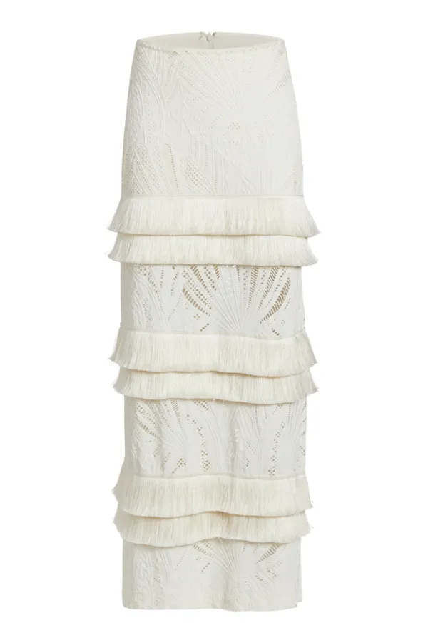 Fringe Trim Lace Maxi Skirt in Ivory