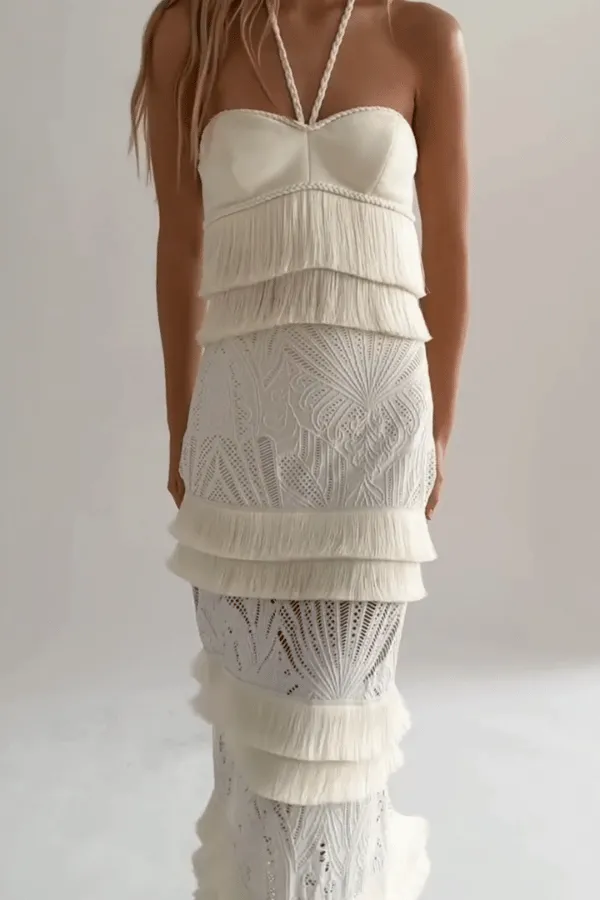 Fringe Trim Lace Maxi Skirt in Ivory