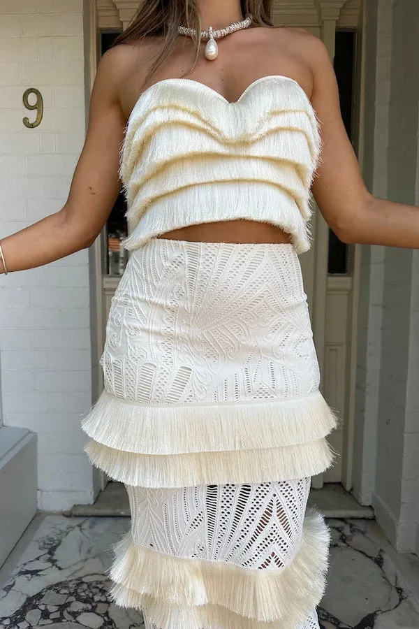 Fringe Trim Lace Maxi Skirt in Ivory