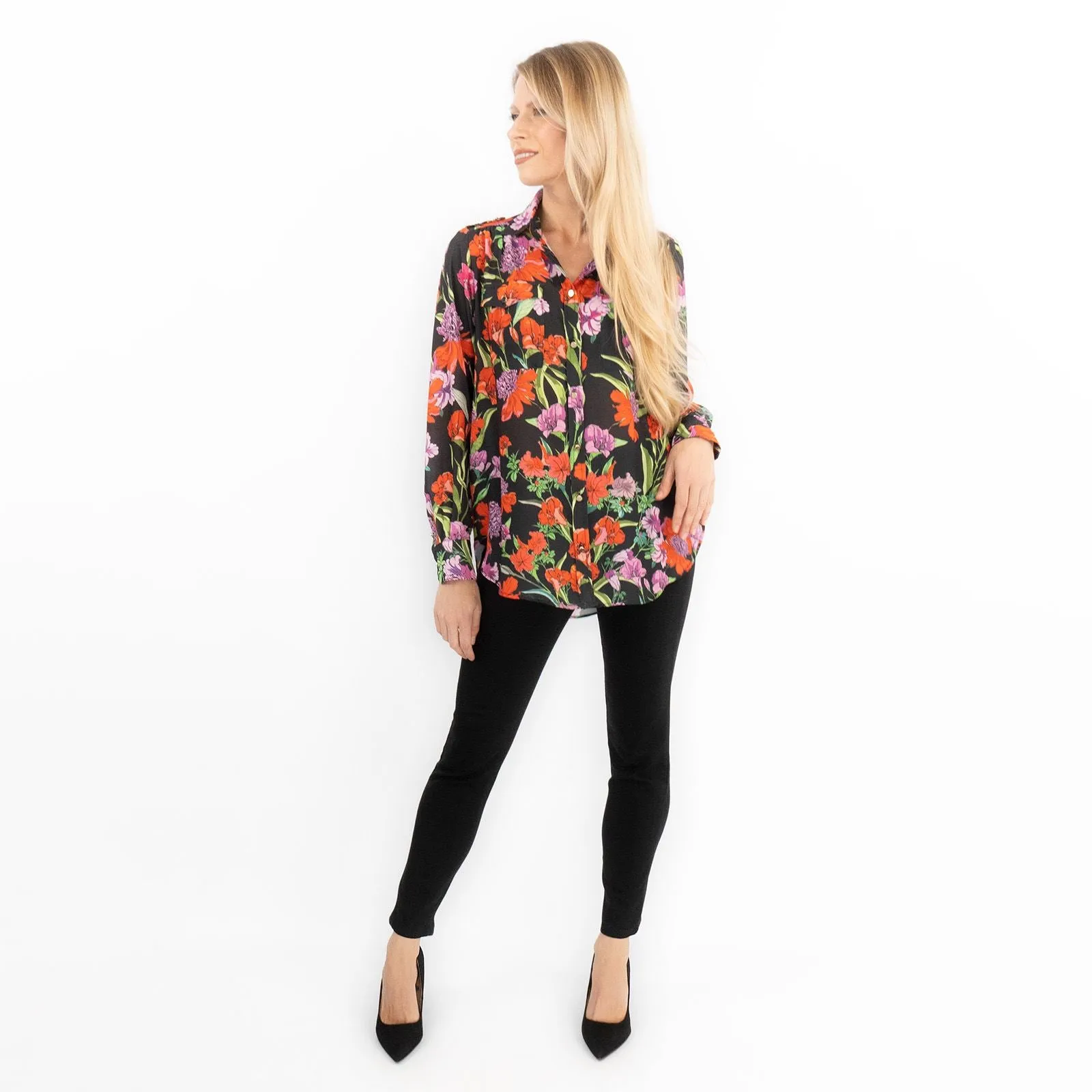 Karen Millen Black Floral Satin Women's Long Sleeve Button-Up Shirt