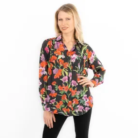 Karen Millen Black Floral Satin Women's Long Sleeve Button-Up Shirt