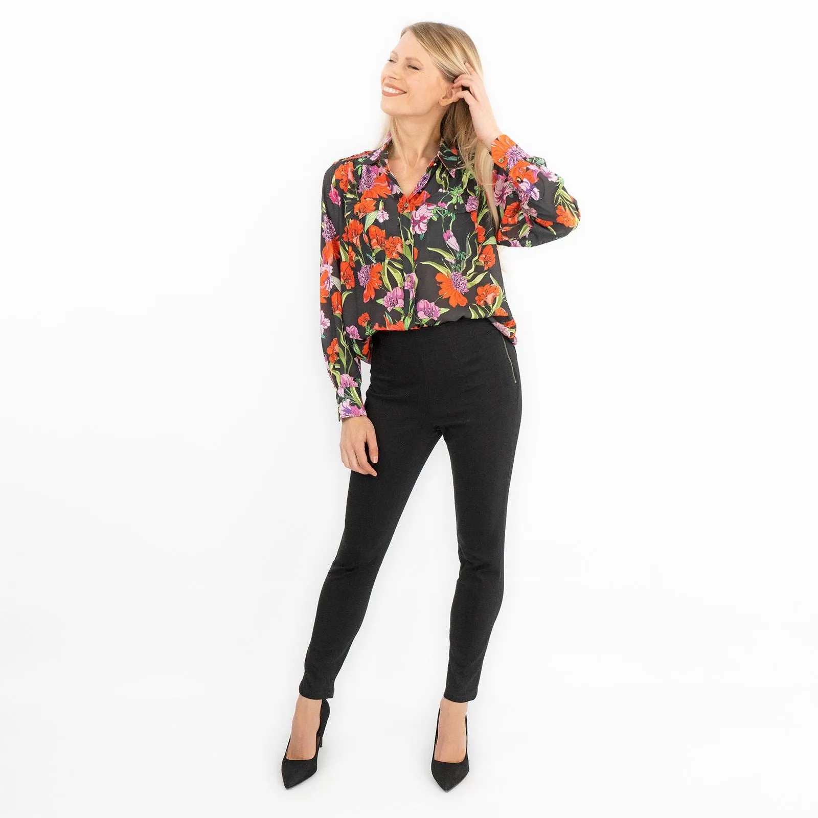 Karen Millen Black Floral Satin Women's Long Sleeve Button-Up Shirt