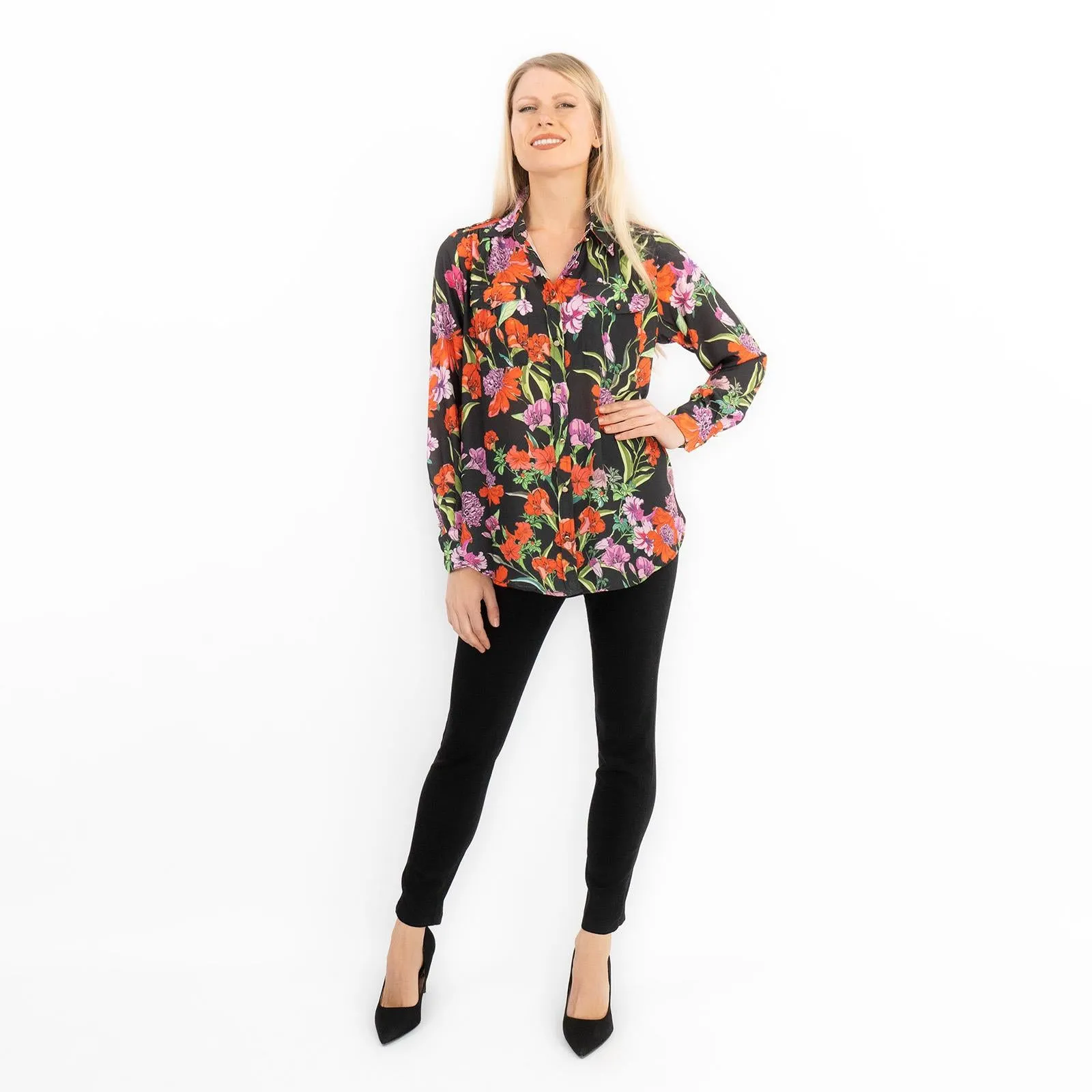 Karen Millen Black Floral Satin Women's Long Sleeve Button-Up Shirt