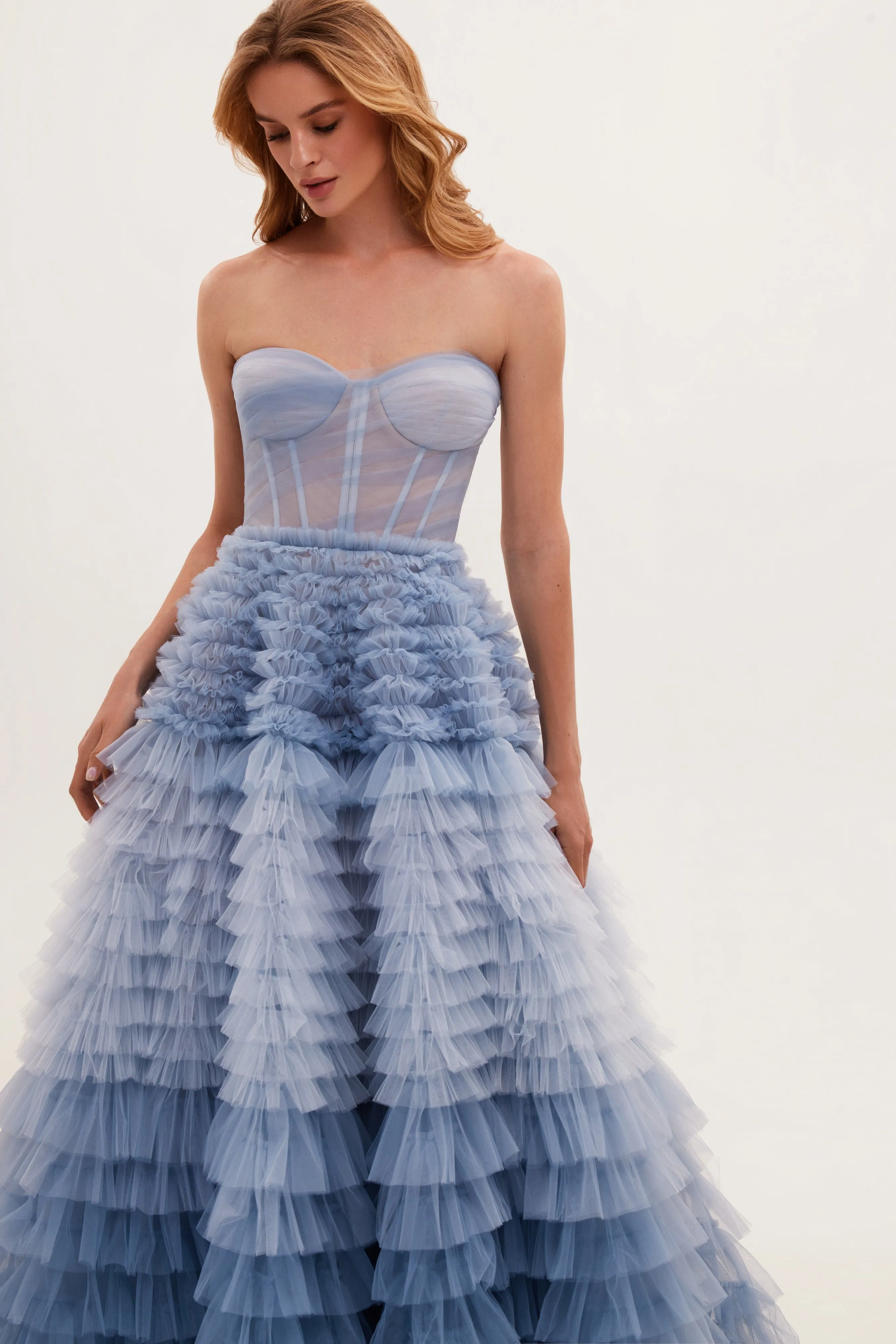 Fluffy Strapless Light Blue Dress